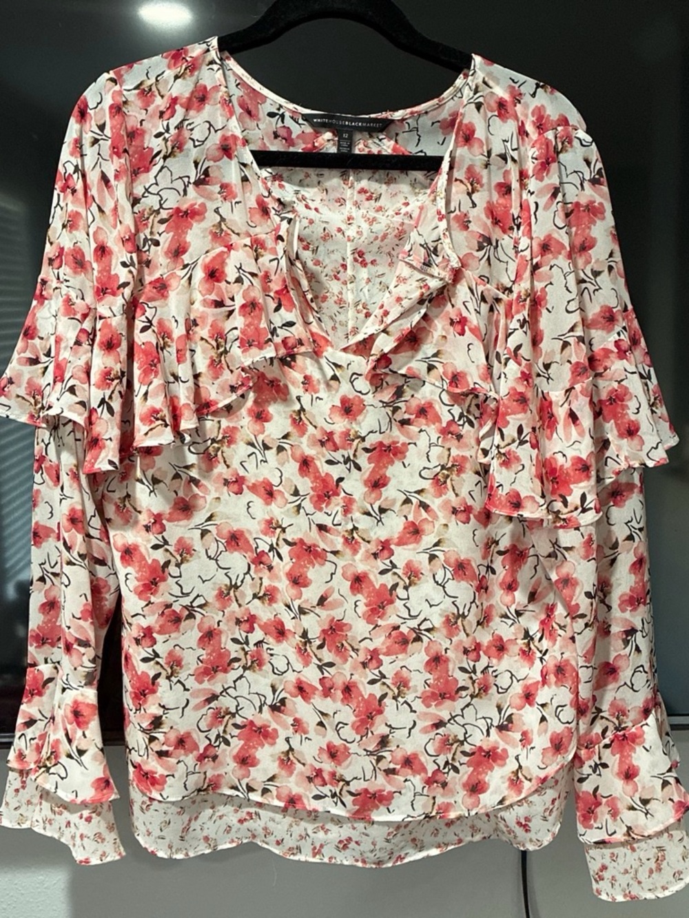 White House Black Market Cream Blouse with Pink Floral Ruffle